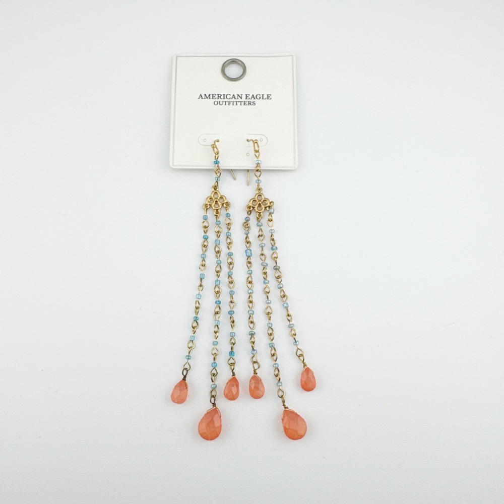 American Eagle Y2K Beaded Chandelier Earrings Gold Tone Coral Blue Dangle‎ NWT